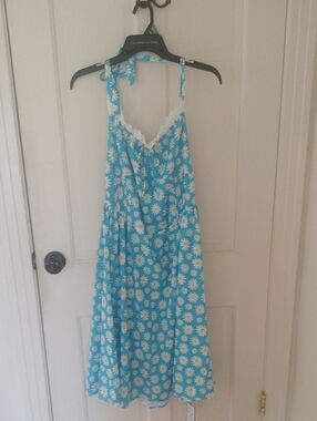 Retro Stage Blue Daisy Print Women's Sundress with Lace Trim
